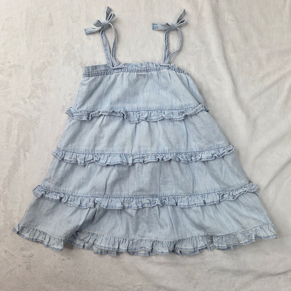 Gap Denim Dress Girls 2T Light Blue Ruffle Tiered Chambray Tie Strap Excellent - Picture 7 of 10